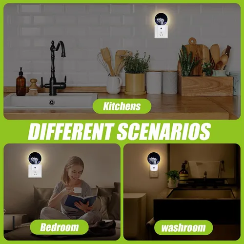 Vista 6 de Luz nocturna de gato blanco, flores moradas enchufables con sensor de atardecer a amanecer para dormitorio, baño y sala de estar, lámpara apta