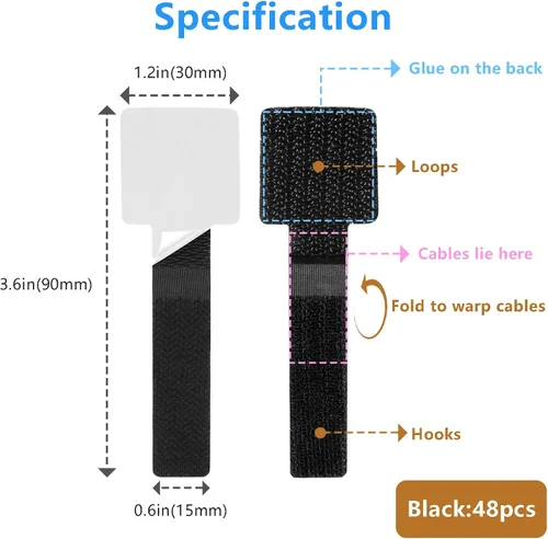 Vista 3 de Gestión de cables de escritorio, organizadores de cables para cordones - Actualización 48 PCS bridas de cable autoadhesivas negras con respaldo