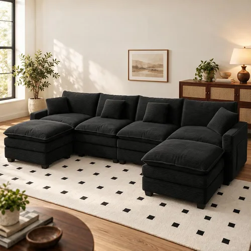 Vista 20 de Sofá seccional modular de 107", sofá de nube en forma de L con otomana Negro