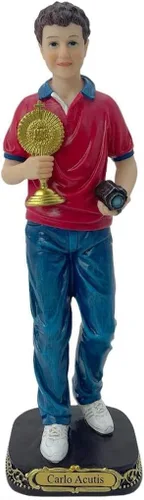 Vista 4 de Estatua del Beato Carlo Acutis de 12 pulgadas - Figura católica de resina de santo moderno con cámara - Regalo juvenil de la Santa Eucaristía