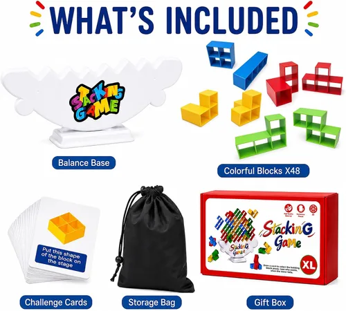 Vista 2 de BBnote Juego gigante XL de 48 piezas para adultos y niños, juegos de torre de mesa Tetra para fiesta de viaje familiar, juguete apilable