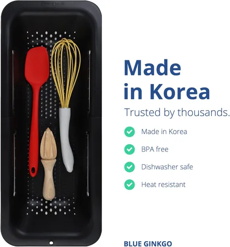 Vista 3 de BLUE GINKGO Cesta coladora para colocar sobre el fregadero, lavar verduras y frutas, escurrir la pasta cocida y platos secos, extensible, artículos