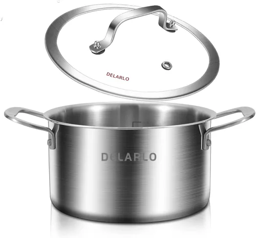 Vista 4 de DELARLO Olla de acero inoxidable de tres capas con tapa de 3.5 cuartos de galón, olla de cocina de grado alimenticio, olla de sopa duradera con tapa
