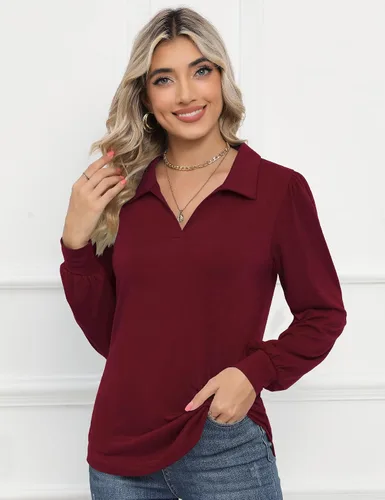 Vista 3 de LOMON Camisas tipo polo de manga larga con cuello en V y manga abombada para mujer