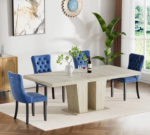 Vista 49 de Henf Juego de mesa de comedor extensible de 5 piezas para 4, 63"-79" Mesa de cocina grande extensible con 4 sillas negras acolchadas, Juego de mesa