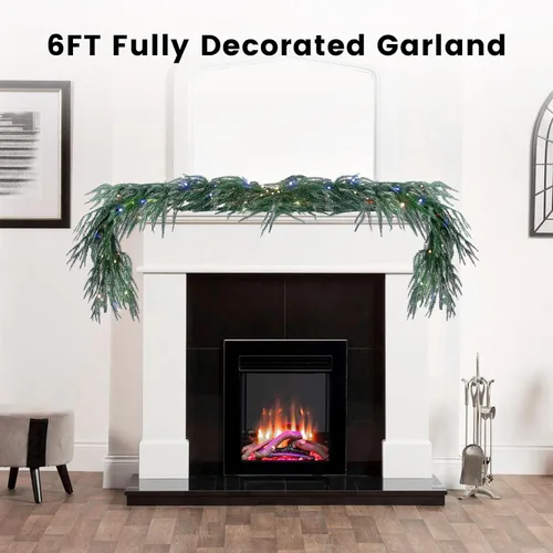 Vista 2 de Guirnalda de Navidad de pino Norfolk preiluminada de 6 pies con luces LED y control remoto – Guirnalda iluminada a pilas para repisa de chimenea
