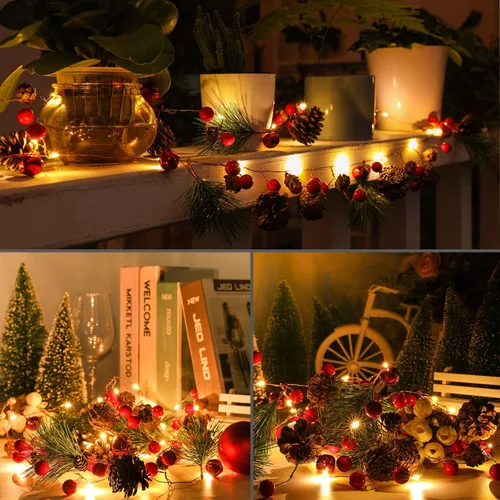 Vista 7 de Guirnalda de Navidad con 20 luces LED de 6.5 pies, con luces de pino y baya roja, funciona con pilas, guirnalda de luces LED, decoraciones