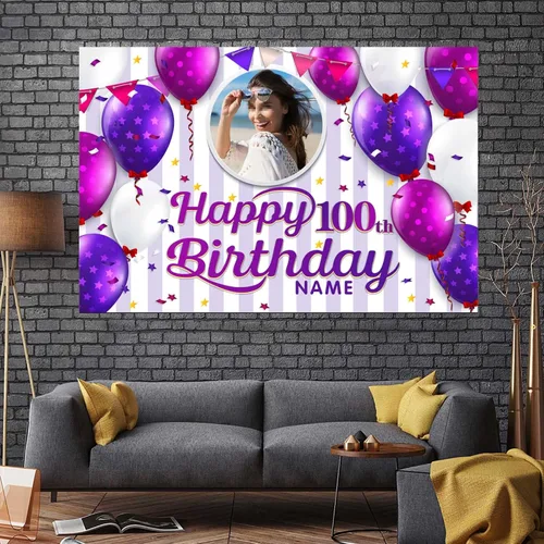 Vista 7 de Cartel decorativo personalizado de feliz cumpleaños número 100, personalización disponible, morado, tamaño grande - Fotos y nombres personalizados
