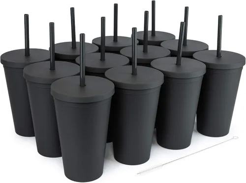 Vista 11 de Vasos con tapas (paquete de 12) vasos acrílicos de colores de 16 onzas con tapas y popotes, vasos a granel de plástico mate de doble pared