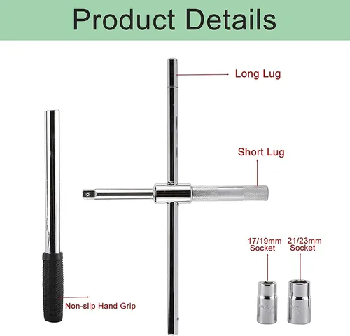 Vista 3 de Toolly Llave universal extendida de 23 pulgadas, juego de llaves de tuercas de hierro de 4 vías con bolsa de almacenamiento y enchufes estándar