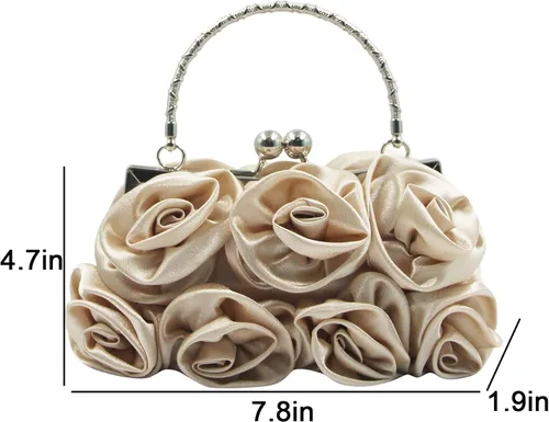 Vista 7 de RARITYUS Bolso de noche para mujer con forma de rosa de satén sedoso con elegante asa de metal para fiesta, boda