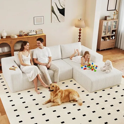 Vista 65 de Sofá modular de 95 pulgadas, sofá de nube en forma de L sin hueso con diván, asiento profundo tapizado de pana de espuma viscoelástica, no requiere
