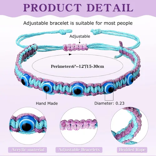 Vista 2 de Hicarer 8 pulseras de cuentas de mal de ojo ajustable azul contra el mal de ojo, pulseras de protección de la cábala, pulsera de amistad, tejida a