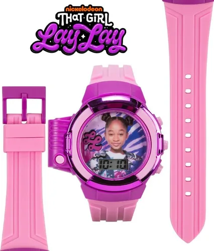 Vista 5 de That Girl Lay Lay - Reloj LCD con linterna para niños, diseño rosa y morado, pantalla digital, función iluminada, correa ajustable, construcción