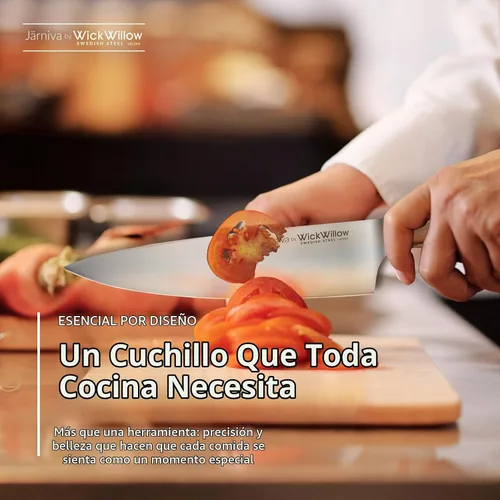 Vista 7 de WICKWILLOW - Cuchillo de chef de 8 pulgadas – Cuchillo de cocina de acero sueco ultra afilado con mango de madera de olivo italiano – Cuchillo