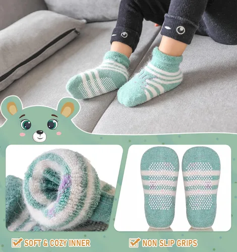 Vista 3 de 6 pares de calcetines antideslizantes para bebés, niños y niñas, calcetines cálidos de lana gruesa y suave con empuñaduras