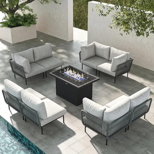 Vista 58 de LayinSun Juego de muebles de patio de aluminio de 7 piezas, sofá modular moderno con mesa auxiliar y cojín de grosor mejorado Gris claro