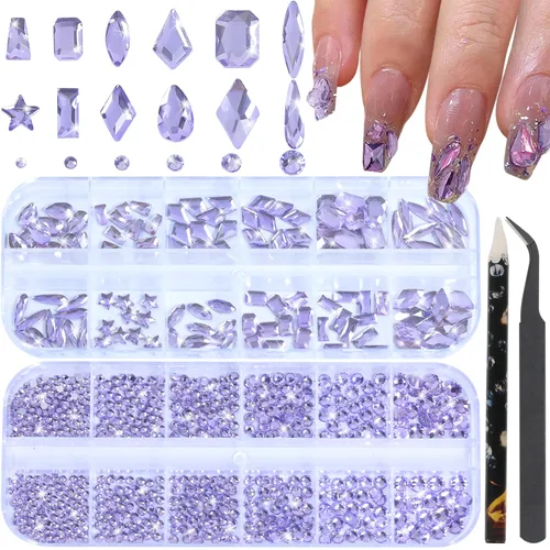 Vista 18 de Diamantes de imitación para uñas, tamaño 3D multiforma, gemas y dijes de cristal AB para uñas, parte trasera plana, con kit para arte de uñas