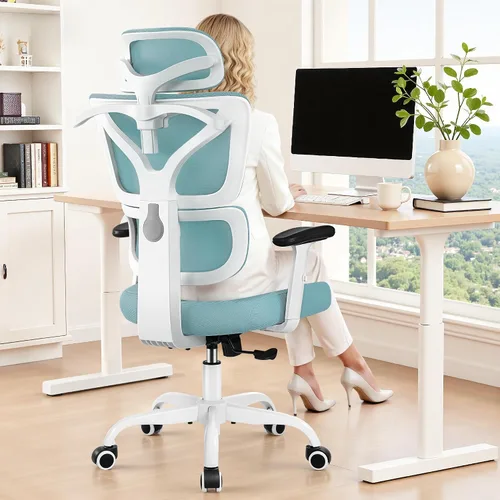 Vista 15 de Silla de Oficina Ergonómica de Respaldo Alto Silla de Escritorio con Soporte Lumbar, Silla de Computadora de Malla Transpirable con Reposabrazos