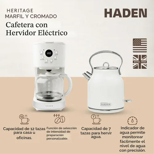 Vista 2 de Máquina de café HADEN, cafetera de goteo de 12 tazas que incluye hervidor eléctrico de acero inoxidable Heritage de 1.7 litros, color marfil y cromo
