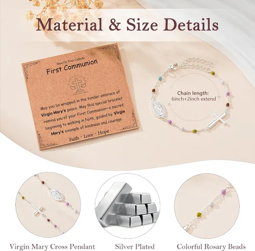 Vista 5 de Pulsera de cruz católica de la Virgen María para niñas y mujeres, pulsera de cuentas de rosario, primera comunión, confirmación, bautismo, madrina