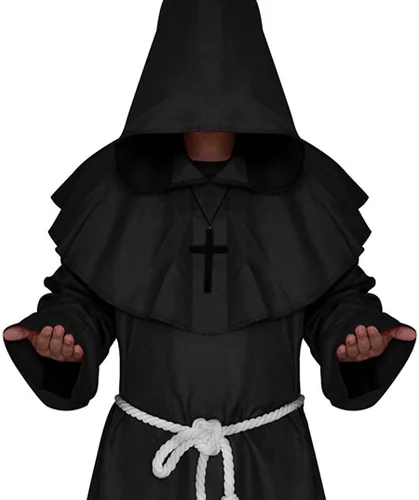 Vista 2 de Disfraz de monje renacentista medieval con capucha tipo Fraile, disfraz de cosplay.