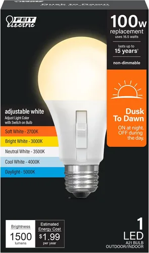 Vista 10 de Bombilla LED con sensor de movimiento Feit Electric, A19 equivalente a 60 W, 5CCT, no regulable, base media E26, CRI 90, 800 lúmenes, blanco