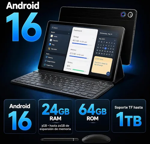 Vista 4 de Jeazans Tablet Android 16 de 10.1 pulgadas, paquete de tableta 2 en 1 con teclado, mouse inalámbrico, lápiz capacitivo, funda de cuero, cámara