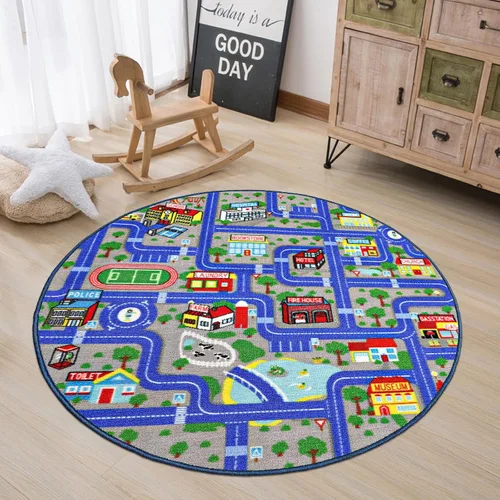 Vista 23 de Capslpad Alfombra Azul de Coche y Carretera para Niños, Alfombra de Juego para Sala de Juegos, Alfombra Antideslizante Lavable con Mapa de la Ciudad