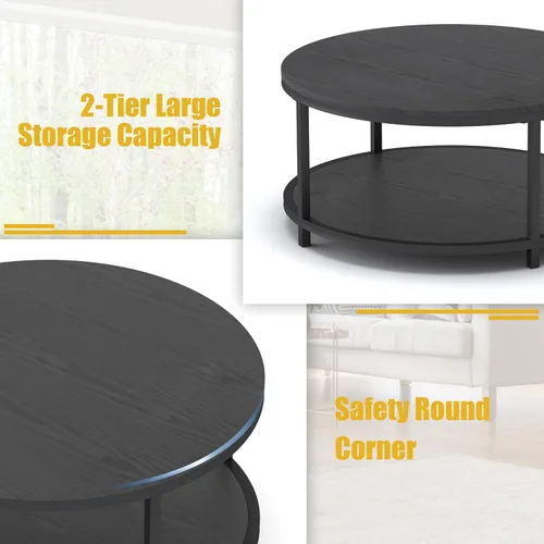 Vista 5 de WiberWi Mesa de Centro Redonda Negra de 35.8" Mesas de Centro Circulares para Sala de Estar Diseño Industrial Rústico con Patas de Marco de Metal