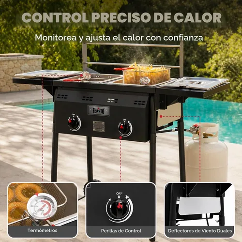 Vista 7 de Freidora profunda al aire libre de propano Feasto, tanque doble con quemadores independientes dobles de hierro fundido y termómetros, olla