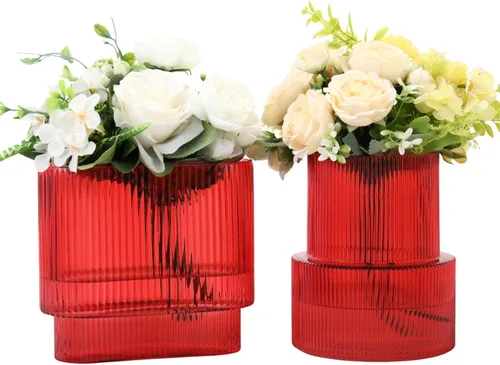 Vista 43 de Jarrones de vidrio acanalado, juego de 2 jarrones estriados para flores, florero de vidrio ámbar para tulipanes, jarrón moderno para sala de estar