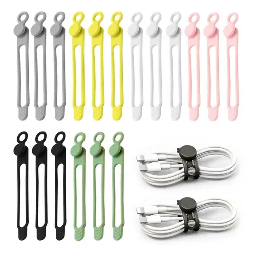 Vista 9 de Bridas para cables de datos, organizador de cables de silicona reutilizable, cable elástico multiusos para agrupar auriculares, cargador de 6 piezas