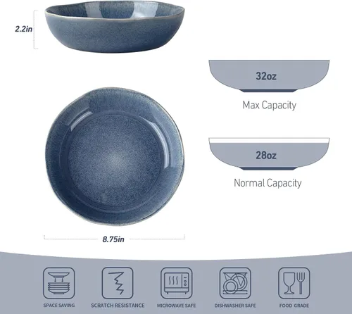 Vista 2 de famiware Aurora - Cuencos para pasta de 8.75 pulgadas, cuencos grandes de 32 onzas para cocina, ensalada, sopa, platos de pasta de gres irregular