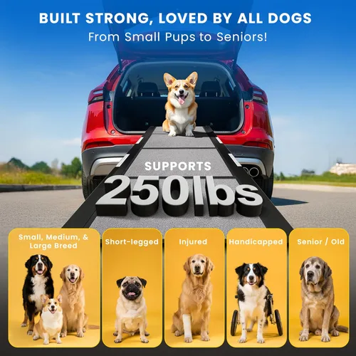 Vista 5 de Rampa portátil para perros para automóvil, rampa plegable para automóvil, camión, SUV, cama alta y sofá con pies antideslizantes y alfombra