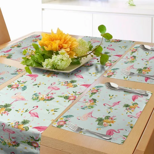 Vista 14 de Lunarable Camino de mesa tropical y manteles individuales, acuarela tucán loro flamenco piñas y flores silvestres sobre rombo, juego para decoración