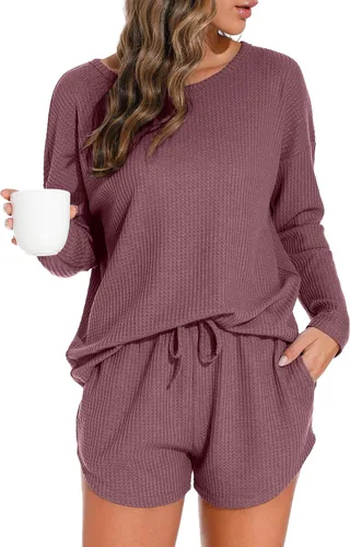 Vista 13 de PrinStory Conjunto de pijama para mujer, de punto gofre, tallas S-4XL Negro