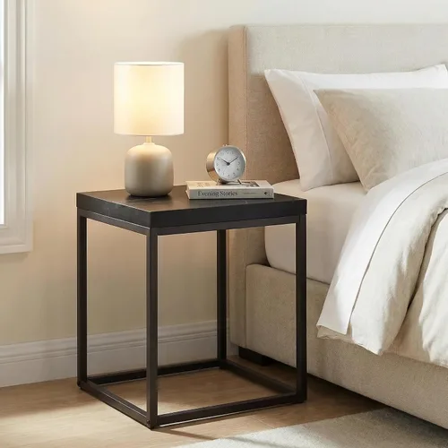 Vista 5 de Mesa auxiliar cuadrada moderna de mármol negro de 18 pulgadas CENSI Parte superior de madera extra gruesa de 1.6", marco de metal, mesita de noche