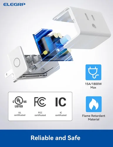 Vista 6 de ELEGRP Matter - Mini enchufe inteligente compatible, salida inteligente de 15 A/1800 W Max, compatible con Apple Home, Siri, Alexa, Google Home