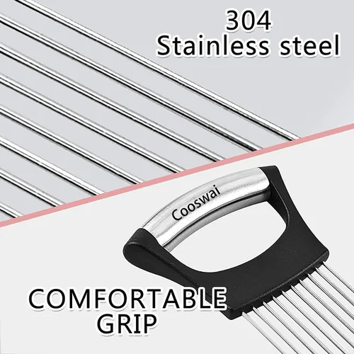 Vista 5 de Cooswai Soporte de cebolla inoxidable para rebanar, asistente de cocina, verduras - Herramienta de rebanadas de picadora mejorada, asistente
