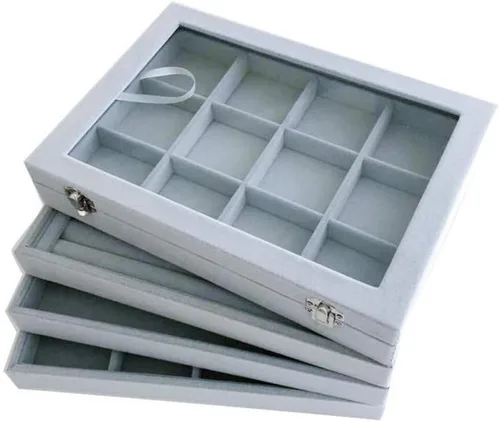 Vista 4 de Bandeja organizadora apilable de terciopelo gris con cubierta de vidrio, almacenamiento de joyas, de grado premium, multifunción, 12 rejillas