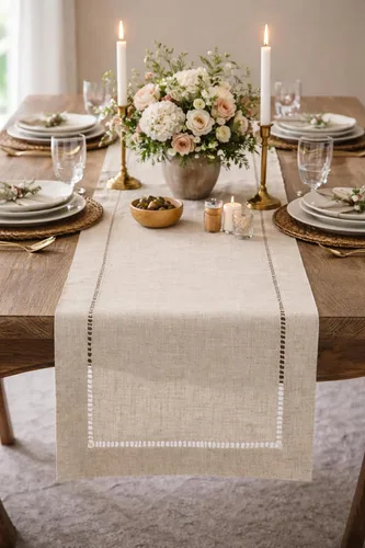 Vista 2 de Fennco Styles - Mantel natural hecho a mano con diseño de vainica, una pieza (cuadrado de 80 pulgadas)