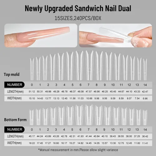 Vista 8 de JODSONE 240 uñas tipo sándwich de doble forma: formas de uñas largas reutilizables con líneas guía, 15 tamaños de molde de uñas para extensión
