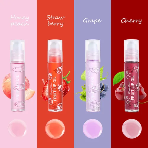 Vista 8 de Juego de 4 brillos de labios enrollables de fruta, brillo de labios transparente, gel de labios líquido, aceite de labios hidratante, no pegajoso