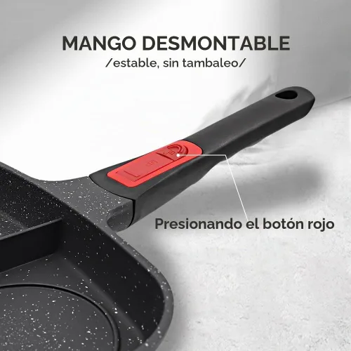 Vista 3 de Sartén Parrilla 3 en 1 para Estufas con Mango Desmontable, Plancha Versátil Antiadherente Dividida, Sartén Cuadrada Libre de PFOA, Negro