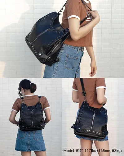 Vista 2 de Mochila de cuero para mujer, diseño de moda, de viaje, convertible, con borla, estilo acolchado, 01 Negro, Tachuelas