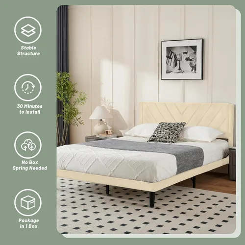 Vista 7 de Base de cama de plataforma de tamaño matrimonial con cabecera de terciopelo, borde de ala, listones de madera resistentes, sin ruido, no necesita