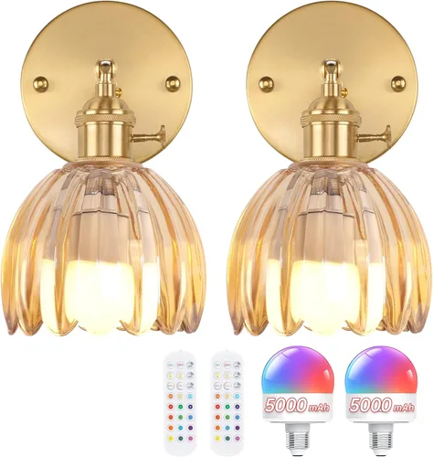 Vista 35 de Shenmoyl Aplique de pared vintage a pilas con bonita pantalla de vidrio de tulipán blanco, inalámbrico, recargable, luz de pared funciona