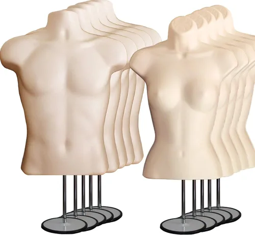 Vista 27 de Maniquí de torso masculino y femenino con soporte de metal, cuerpo con respaldo hueco, apilable, forma de vestido para exhibición de camisetas Negro