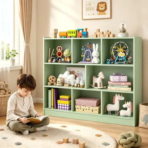Vista 13 de HONEY JOY Organizador de almacenamiento de juguetes para niños, estante de almacenamiento de 8 secciones para preescolar, organizador de estante